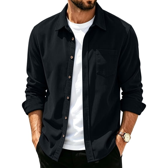 Loose Fit Button Up Shirt Jacket For Men, Solid Lapel Long Sleeve Casual Top, Fall Daily Layering Pocket Shacket