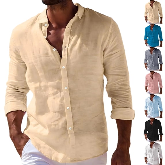 Loose Fit Button Up Shirts for Men Long Sleeve Cotton Linen Lapel Collar Tops Breathable Summer Beach Casual Shirts, #03 Khaki, L