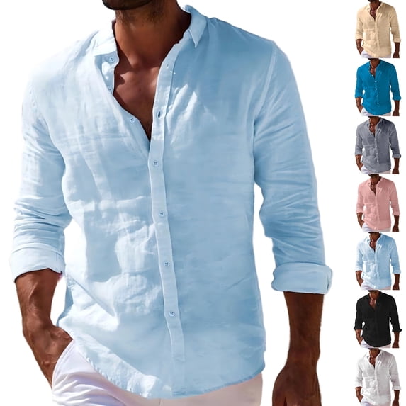 Loose Fit Button Up Shirts for Men Long Sleeve Cotton Linen Lapel Collar Tops Breathable Summer Beach Casual Shirts, #03 Sky Blue, L