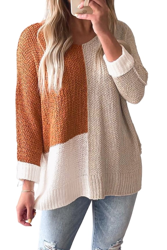 Loose Fit Chestnut Color Block Knit Sweater for Women – Stylish V Neck Top for Autumn Adventures | M
