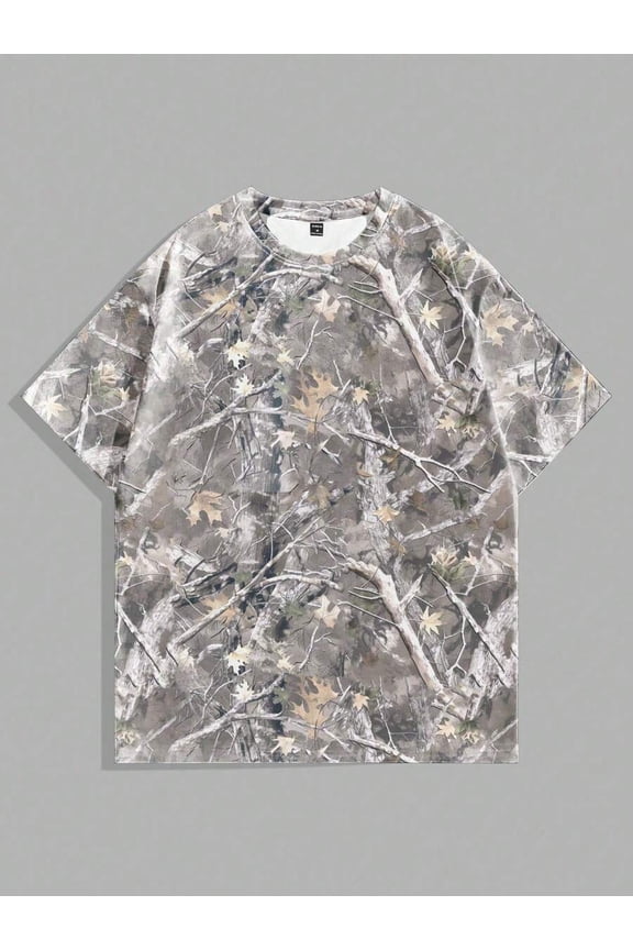Loose Fit Dead Branch Camouflage Print T-Shirt In Grey, Casual Everyday Wear For Men