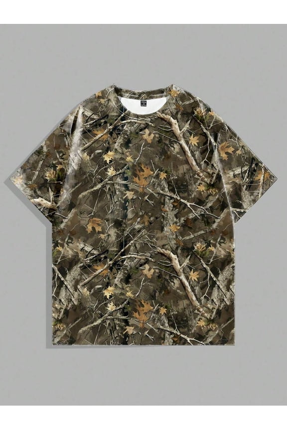 Loose Fit Dead Branch Camouflage Print T-Shirt In Multicolor, Casual Everyday Wear For Men