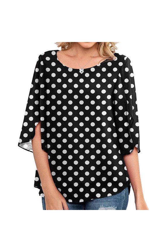 Loose-Fit Double Layer Summer Top for Work & Casual, Black XXL Dot Print Split-Sleeve Blouse Bienvenido