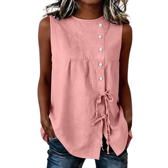 Loose Fit Drawstring Waist Linen Tank Top for Women Round Neck Solid Color Daily Casual Blouse