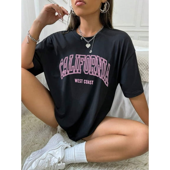 Loose Fit Drop Shoulder T-Shirt With Letter Print Graphic Tees Women Tops