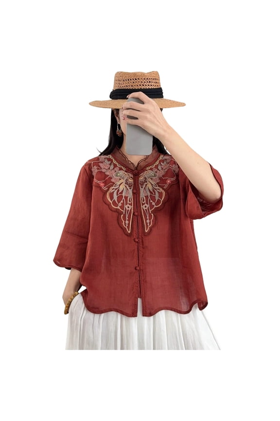 Loose Fit Embroidered Decor Women's Mandarin Collar Shirt Frog-Button Elbow Sleeve Blouse Casual Fashion Top for All Season Comfy Wear