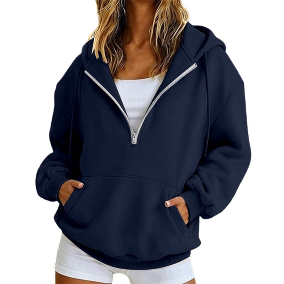 Loose Fit Half Zip Pullover Hoodie for Women, Long Sleeve Sweatshirt with Front Pocket, Cozy Casual Fall Winter Tops