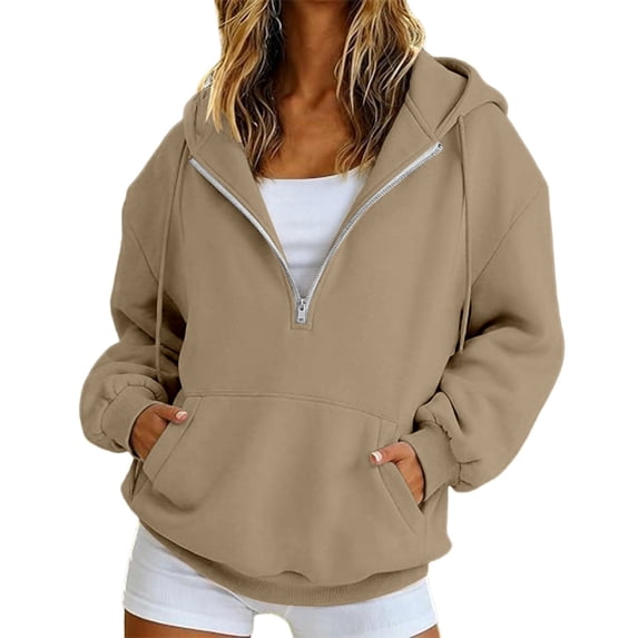 Loose Fit Half Zip Pullover Hoodie for Women, Long Sleeve Sweatshirt with Front Pocket, Cozy Casual Fall Winter Tops