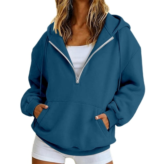 Loose Fit Half Zip Pullover Hoodie for Women, Long Sleeve Sweatshirt with Front Pocket, Cozy Casual Fall Winter Tops