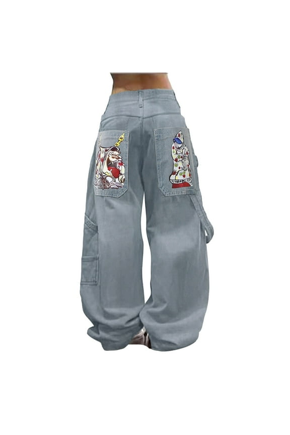 Loose Fit Hop Jeans for Women Graphic Print Denim Streetwear Y2K Goth Style Pants American High Street Baggy Wide Leg Jeans Trendy Pants