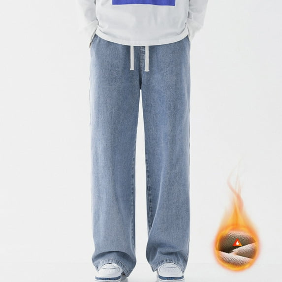 Loose Fit Jeans for Men Straight Leg Thermal Casual Denim Pants Teddy Warm Lined Solid Color Fall Travel Long Jeans with Pocket Light Blue S