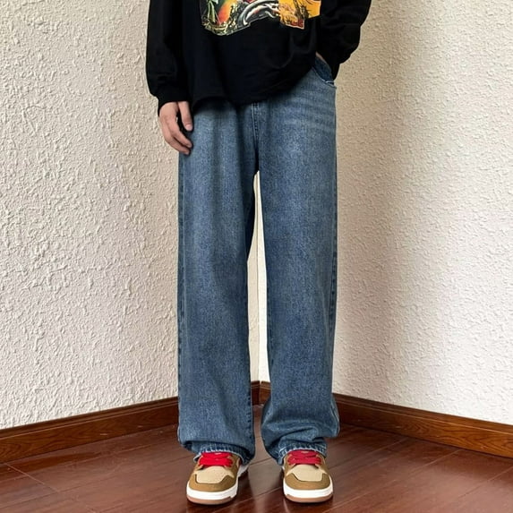 Loose Fit Jeans for Men Wide Leg Straight Denim Pants with High Street Casual Solid Color Fall Travel Long Jeans with Pocket