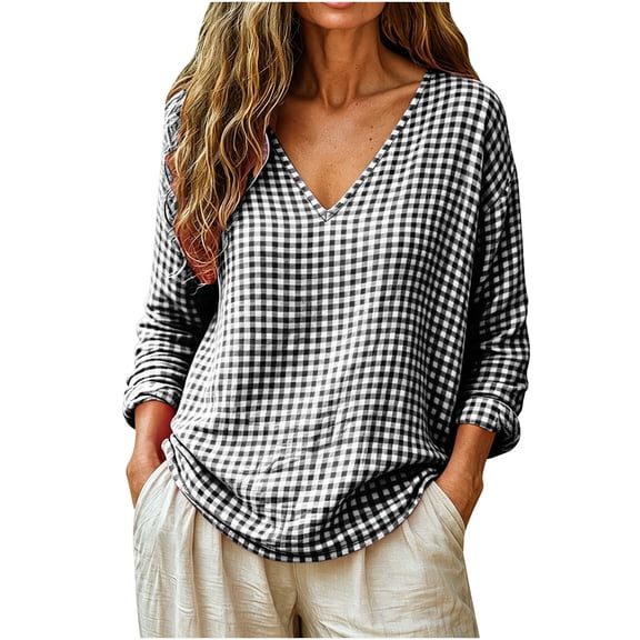 Loose Fit Long Sleeve Plaid Blouse Women's Casual V Neck Check Tunic Top Soft Oversized Shirt for Spring Summer Daily Weekend Black XXL