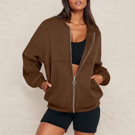 Loose Fit Long Sleeve Zip Up Sweatshirt Outerwear Women Non Hooded Design Storage Pockets Soft Casual Fall Everyday Athletic Jacket Brown XL