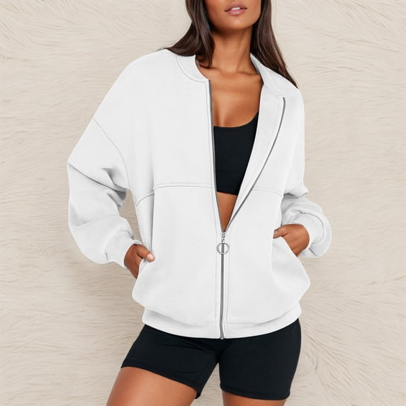 Loose Fit Long Sleeve Zip Up Sweatshirt Outerwear Women Non Hooded Design Storage Pockets Soft Casual Fall Everyday Athletic Jacket White S