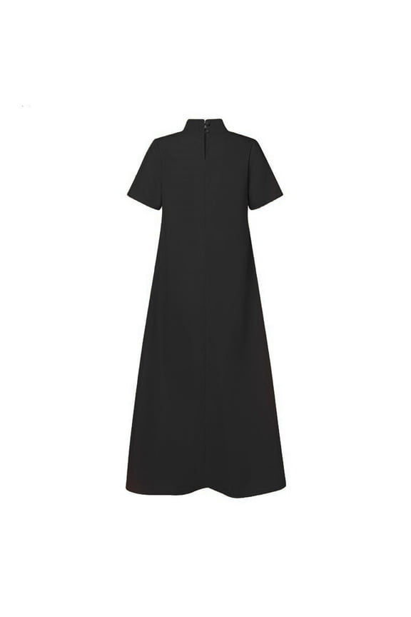 Loose Fit Maxi Dress Long Women Dress Stand Collar A-line Solid Color Short Sleeves Plus Size Full Length Retro Chinese Style Evening Dress