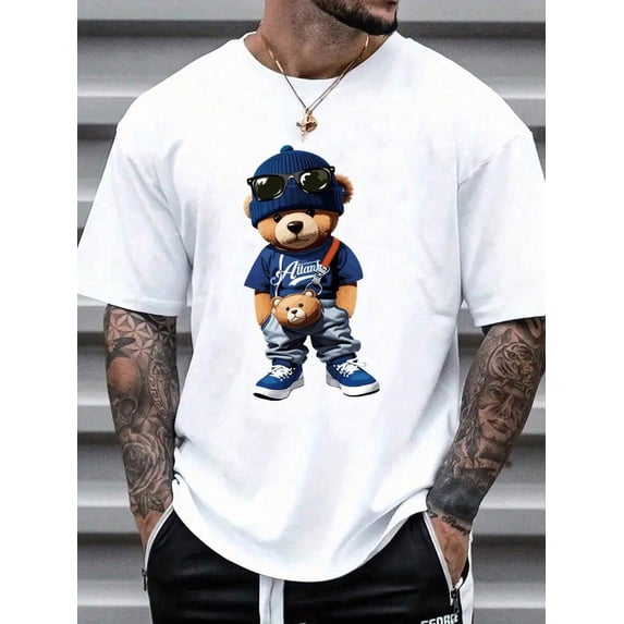Loose Fit Men White Knitted Round Neck Short Sleeve Funny Graphic T-Shirt, For Going Out, For Friends
