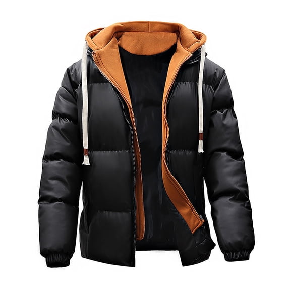 Loose Fit Men's Drawstring Hooded Zipper Puffer Jacket Winter Warm Coat Outwear Parka Jacket Thicken Ski Coat Big and Tall Size M-3XL Black