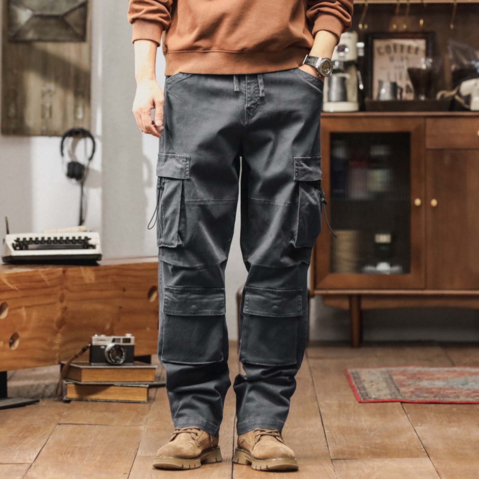 Loose Fit Multi-Pocket Cargo Pants for Men Straight Leg Rugged Trousers ...