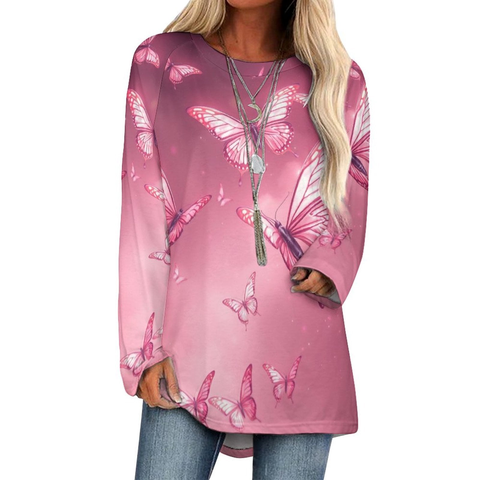 Haut Long Manches Fille - Taille L Rose à Papillons - 100% Coton - Occasion Très Bon état