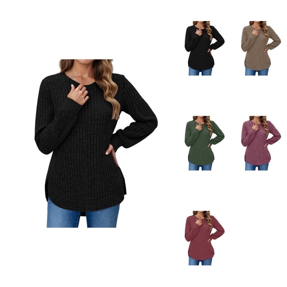 Loose Fit Pullover Sweater with Curved Hem – Long Sleeve Casual Round Neck Tunic Top for Women, 2025 Fall Everyday Wear