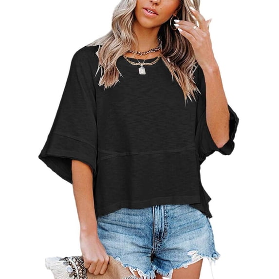 Loose Fit Round Neck Blouse With Flowy Design Soft Poly Cotton Blend Fabric Tops Casual Wear For Women Daily Outfits