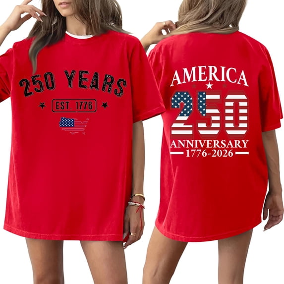 Loose Fit Short Sleeve T Shirt with 250 Years Print and America 250 Anniversary 1776 2026 Graphic Crew Neck Top Red L