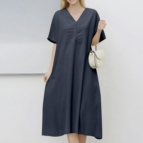 Loose Fit Short Sleeve V Neck Pure Color Linen Blend Long Dress For Plus Size Casual Striped Dresses for Women Maxi Summer Dresses Tie Dress Women Long Dress for Women Womens Maxi Dresses for Summer