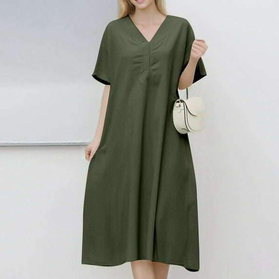 Loose Fit Short Sleeve V Neck Pure Color Linen Blend Long Dress For Plus Size Casual Striped Dresses for Women Maxi Summer Dresses Tie Dress Women Long Dress for Women Womens Maxi Dresses for Summer