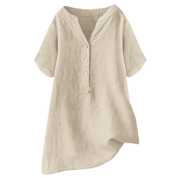 Loose Fit Solid Color Linen Casual Short Sleeve Button Top For Women Short Sleeve Athletic Top Casual Women Summer Exercise Shirt Women Loose Shirts Comfy Women Shirts Long Sleeved Workout Tee