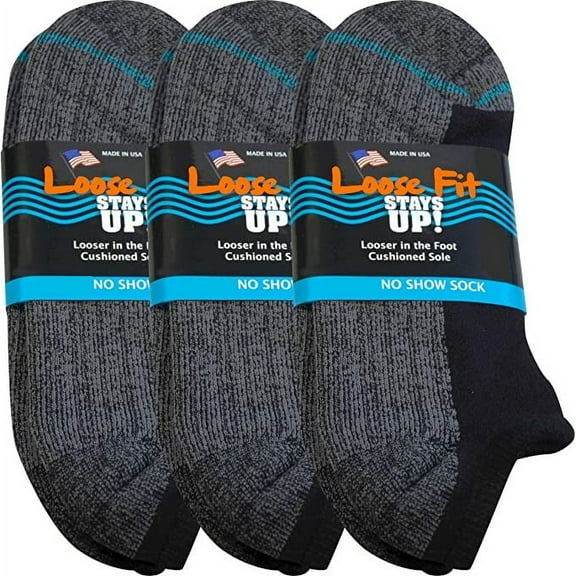 Loose Fit Stays Up Cushioned No Show Socks (Pack of 2) Made in USA.