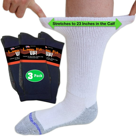 Loose Fit Stays Up Men's and Women's Casual Crew Socks (Pack of 3) Made in USA! Cushioned Sole.