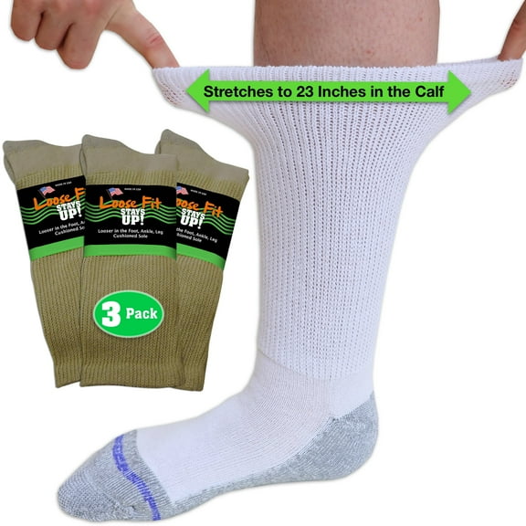 Loose Fit Stays Up Men's and Women's Casual Crew Socks (Pack of 3) Made in USA! Cushioned Sole.