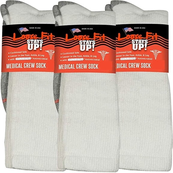 Loose Fit Stays Up Men's and Women's Medical Socks (Pack of 3) Made in USA. Cushioned Sole.