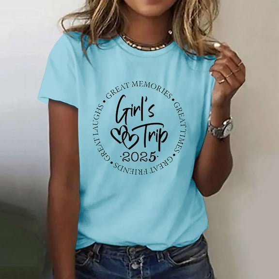 Loose Fit T-Shirts Girl'S Trip 2025 T Shirt Women'S Fashion Round Neck Casual Short Sleeves,Blue Women Cotton T Shirt L