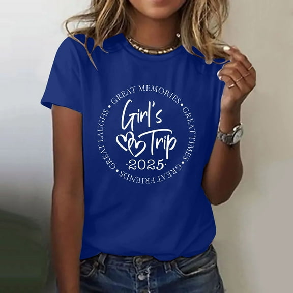 Loose Fit T-Shirts Girl'S Trip 2025 T Shirt Women'S Fashion Round Neck Casual Short Sleeves,Blue Women Cotton T Shirt S