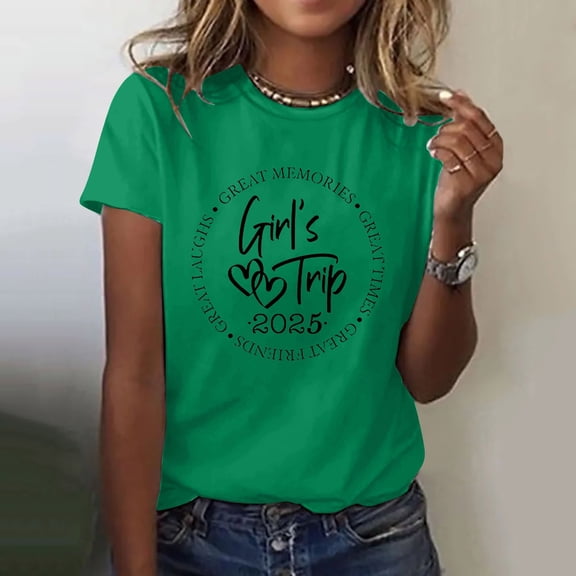 Loose Fit T-Shirts Girl'S Trip 2025 T Shirt Women'S Fashion Round Neck Casual Short Sleeves,Green Women Cotton T Shirt L