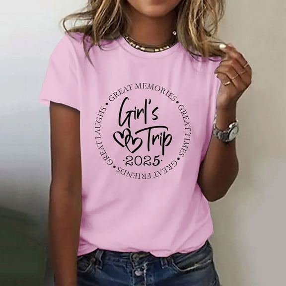 Loose Fit T-Shirts Girl'S Trip 2025 T Shirt Women'S Fashion Round Neck Casual Short Sleeves,Pink Women Cotton T Shirt S