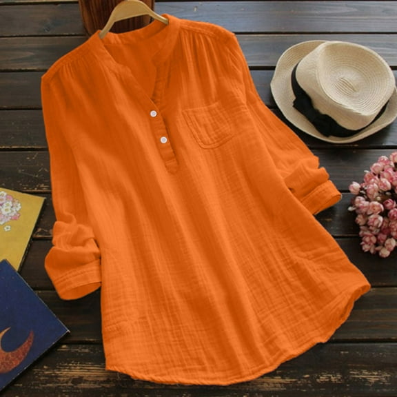 Loose Fit T-Shirts Women'S Pocket Solid Color V Neck Cotton Long Sleeved Loose Casual Shirt,Orange Women Blending Shirts XL