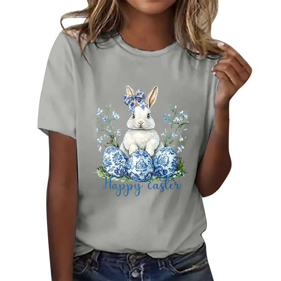 Loose Fit T-Shirts Womens Fashion Workout T Shirts Athletic Plus Size Tops Summer Trendy Clothes 2025 Short Sleeve Spring Tee,Gray Easter Women T Shirt S