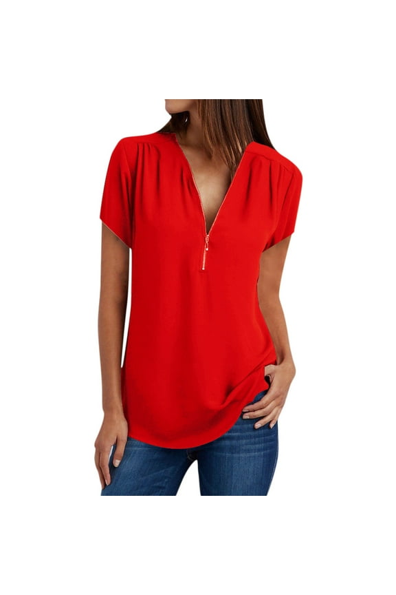 Loose Fit V-Neck Casual Tee with Front Zipper Detail for Women Comfortable Blouse Style Tops