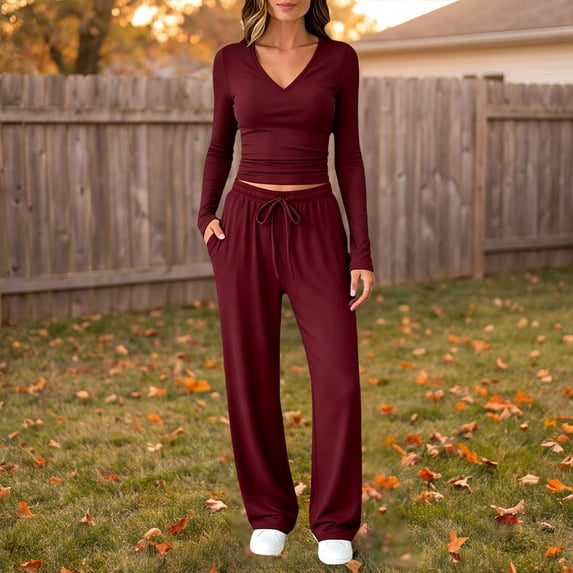 Loose-Fit V-Neck Long Sleeve Cozy Pajama Loungewear Set for Women 2-Piece Wide Leg Pants Soft Travel Pajamas