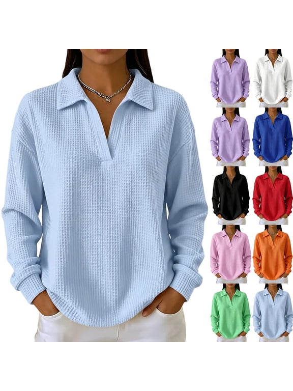 Loose Fit Waffle Knit Top Women Long Sleeve Collared Polo Style Button Detail Casual Workwear Knit Sweater Pullover Top
