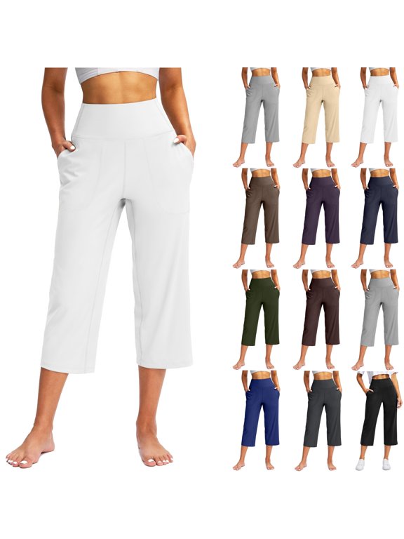 Loose Fit Wide Leg Yoga Dress Capris For Women Functional Pockets Casual Work Summer Cropped Bottoms Coffee XL