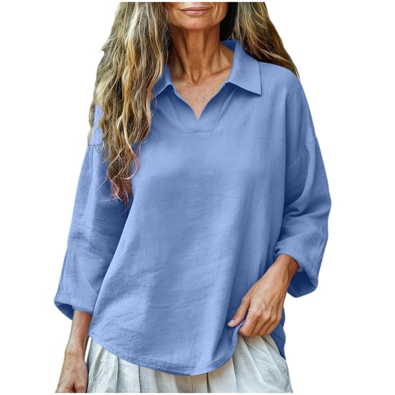Loose Fit Women's 3/4 Sleeve Tops Collared V-Neck Solid Blouses Soft Breathable Clothes Perfect Shirts for Daily Office and Home Wear