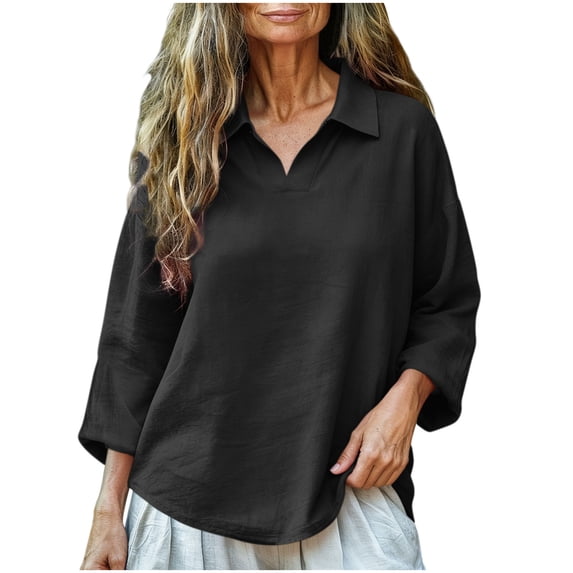 Loose Fit Women's 3/4 Sleeve Tops Collared V-Neck Solid Blouses Soft Breathable Clothes Perfect Shirts for Daily Office and Home Wear