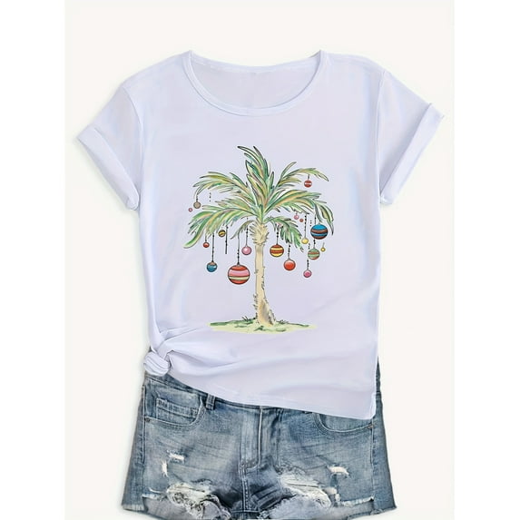 Loose Fit Women's Christmas Palm Tree T-Shirt, Festive Holiday Casual Summer Tee, Casual Sporty Tee, Summer Gifts