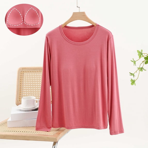 Loose Fit Women's Cotton Long Sleeve Top with Built-in Bra Pads,Soft Breathable Crew Neck Loungewear Shirt for Casual Daily Wear,Maternity Sleepwear,Layering Basic Tee Brick Red L