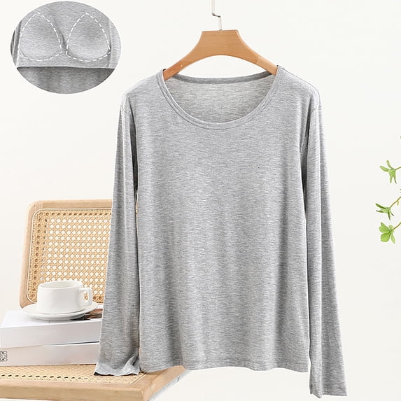 Loose Fit Women's Cotton Long Sleeve Top with Built-in Bra Pads,Soft Breathable Crew Neck Loungewear Shirt for Casual Daily Wear,Maternity Sleepwear,Layering Basic Tee Light Ashy XL