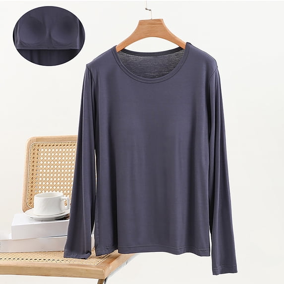 Loose Fit Women's Cotton Long Sleeve Top with Built-in Bra Pads,Soft Breathable Crew Neck Loungewear Shirt for Casual Daily Wear,Maternity Sleepwear,Layering Basic Tee Purple XL